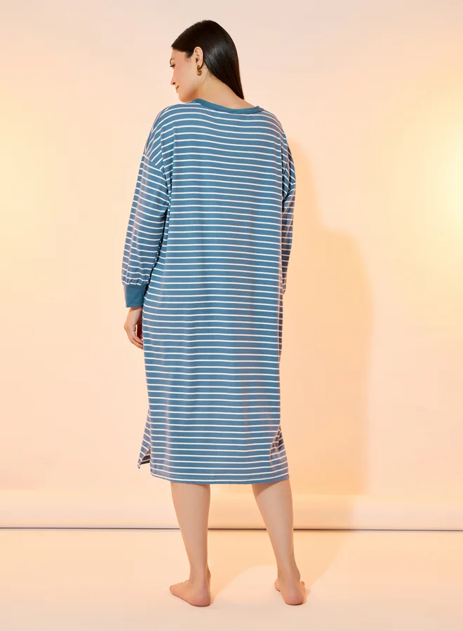 Take Two Take Two Striped Fruits Patch Detail Long Sleeve Nightdress