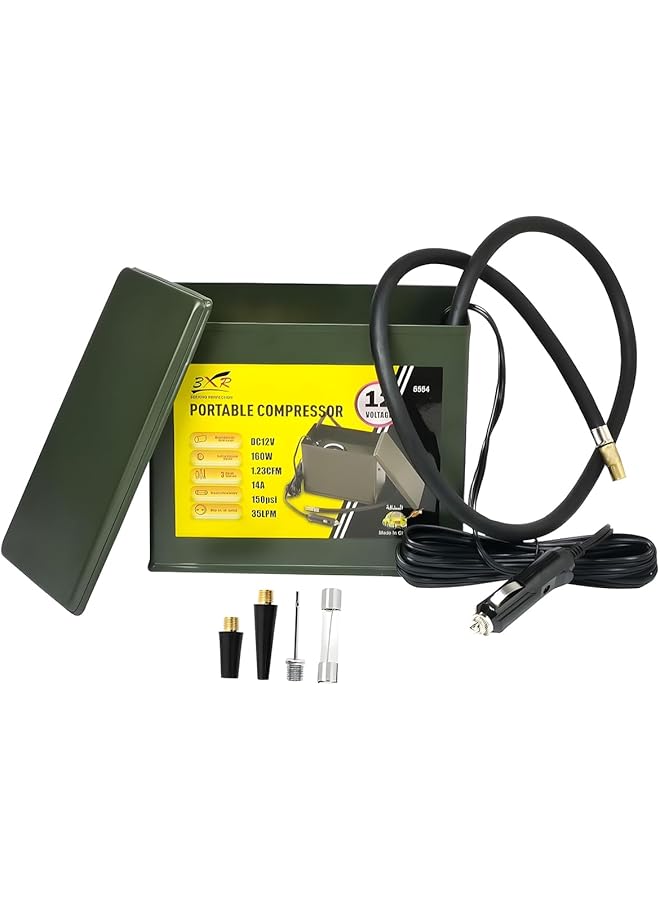 erorex 3Xr Portable Air Compressor 12V Dc 160W 150 Psi Metal Housing With 3 Adapters For Auto Tires Bike Tires Balls And Inflatable Boats Oil Free And Maintenance Free - Image 1