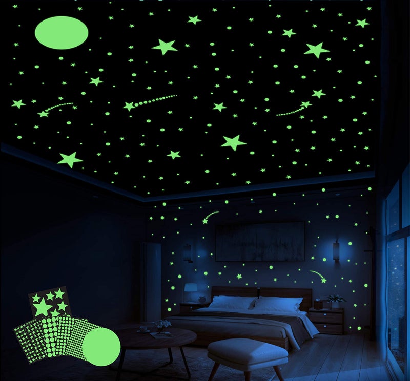 Dreamkraft Decorative Glowing Stickers One Moon with Assorted Size Circles and Stars Made with Radium Vinyl, 25CMx24CM Size-Self-Adhesive - Image 1