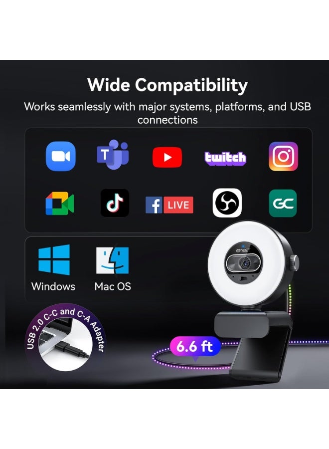 EMEET S600L 4K Webcam for Streaming with Ring Light, AI Imaging, and Dual Mics - Image 5