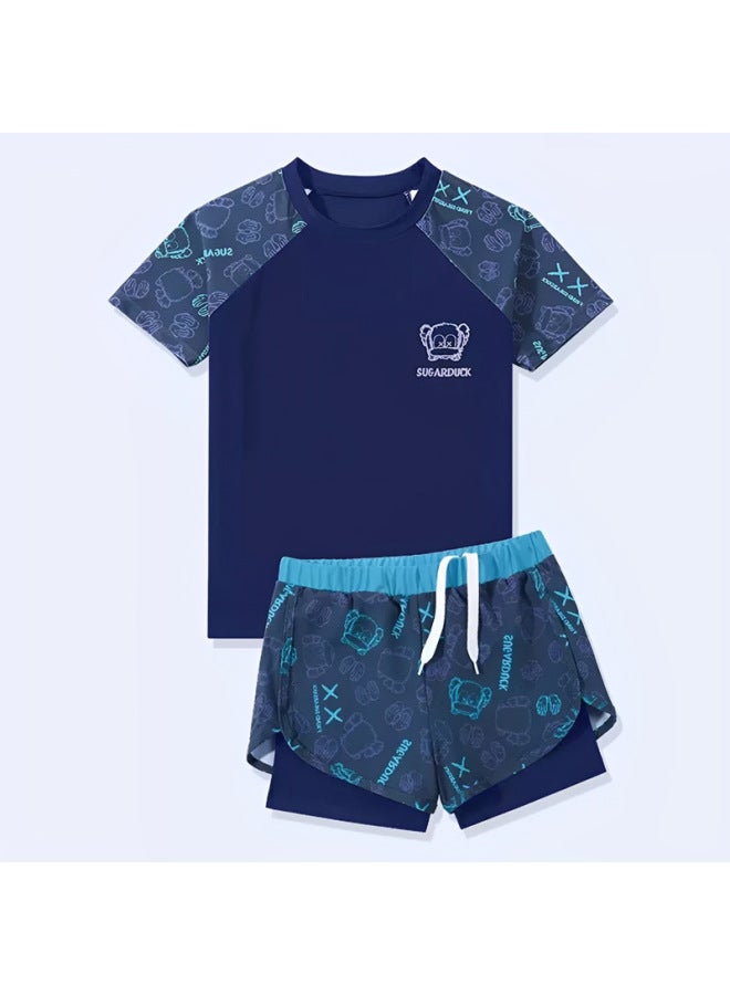 Children's Swimsuit Boys' Two-piece Boys' Swimsuit Middle And Large Teenagers Summer 2023 Double-layer Swimming Trunks Suit-Color:Blue Bear- - Image 1