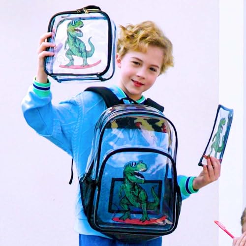 gxtvo 3PCS Clear Backpack for Boys, Kids Transparent Bookbag, Cute See Through School Bag for Elementary Prechool Toddler - Blue Dinosaur - Image 2