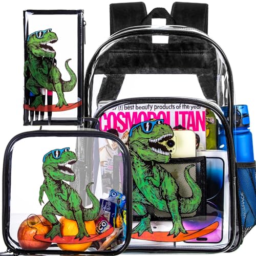 gxtvo 3PCS Clear Backpack for Boys, Kids Transparent Bookbag, Cute See Through School Bag for Elementary Prechool Toddler - Blue Dinosaur - Image 1