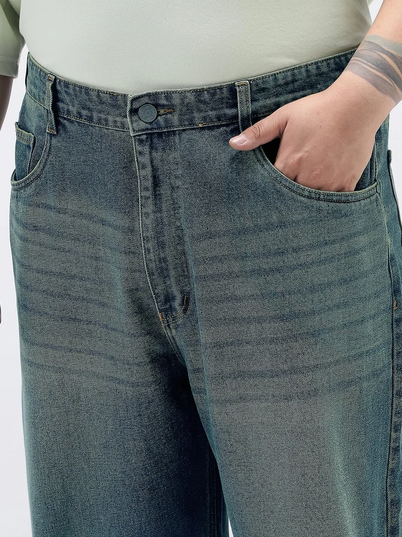 Urbano Fashion  Urbano Plus Men's Light Blue Loose Baggy Fit Heavy Washed Jeans Non-Stretchable  | Best Price UAE