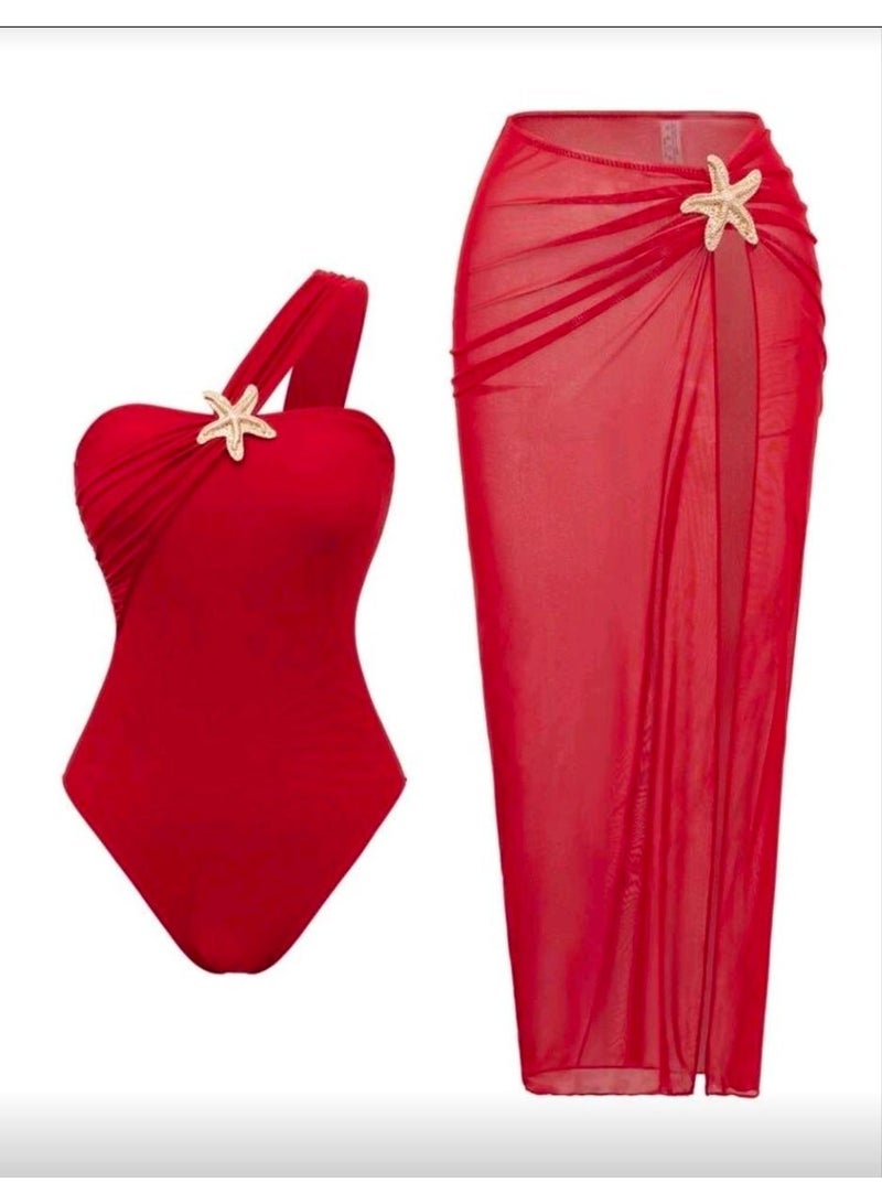 SHEIN-Stylish High-End Beach Holiday Summer One-Piece Star Decoration Swimsuit And Skirt Set - Image 3