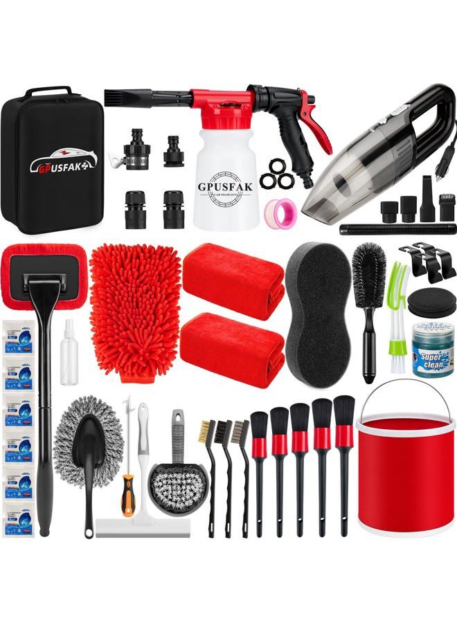 GPUSFAK 46Pcs Car Wash Cleaning Kit with Foam Gun Sprayer Detailing Brushes Car Vacuum Collapsible Bucket Windshield Cleaning Tool Tire Brush Towels Complete Interior Exterior Detailing Set for Car - Image 1