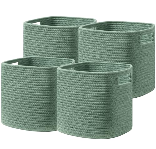 UBBCARE Set of 4 Storage Basket-11 X 10.5 X 10.5 In, Cotton Rope Basket for Shelves, Toys, Book, Cube Storage Bins with Handles, Woven Storage Basket for Organizing, Green - Image 1