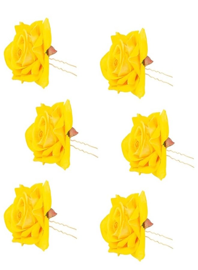 Homenique Artificial Rose U-Shape Hair Pins Set of 6 – Elegant Floral Juda Pins for Bridal, Party & Festive Hairstyles – Handmade Rose Bun Accessories for Women & Girls (Yellow)