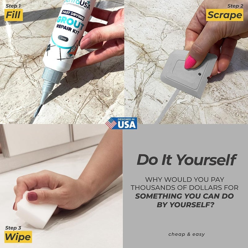 PENTAUSA Tile Grout Repair Kit - Grey Grout Filler, Triple Protection, Fast Drying Formula Restores and Renews Joint Lines with Grout Float (Grey, 8.8oz / 250gr) - Image 2