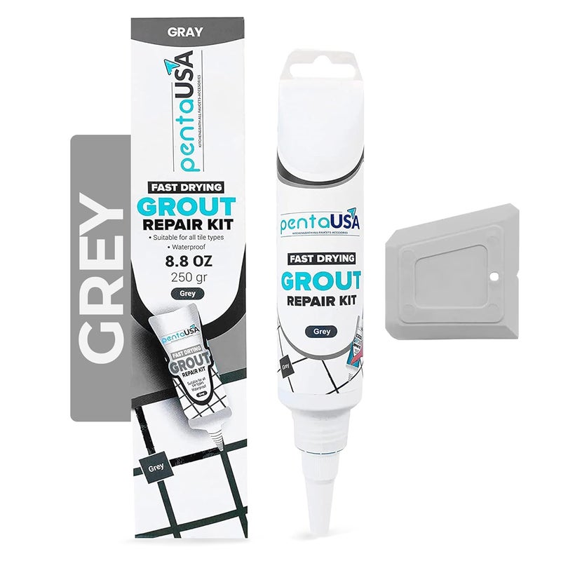 PENTAUSA Tile Grout Repair Kit - Grey Grout Filler, Triple Protection, Fast Drying Formula Restores and Renews Joint Lines with Grout Float (Grey, 8.8oz / 250gr) - Image 1