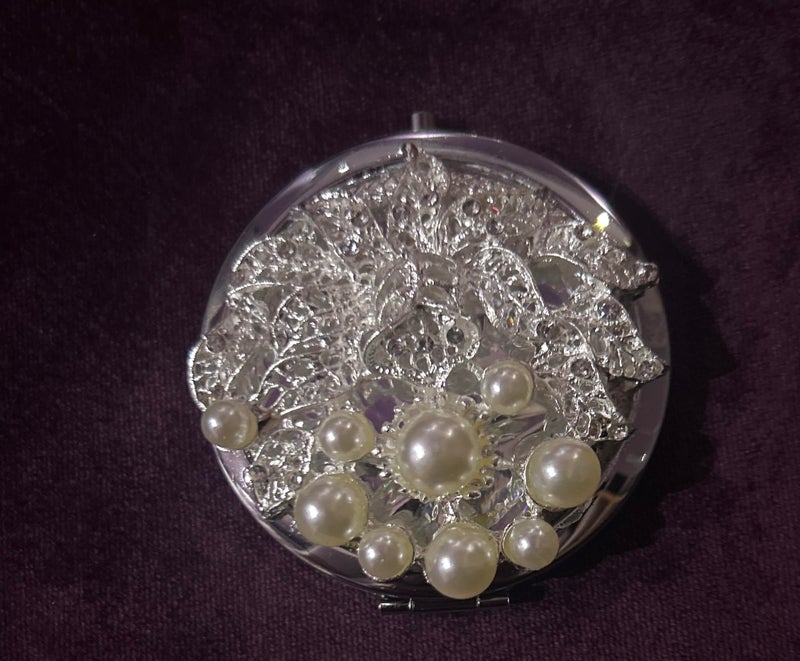 Silver Pocket Mirror with Faux Pearls, Metal Decorative Design, Round - Image 1