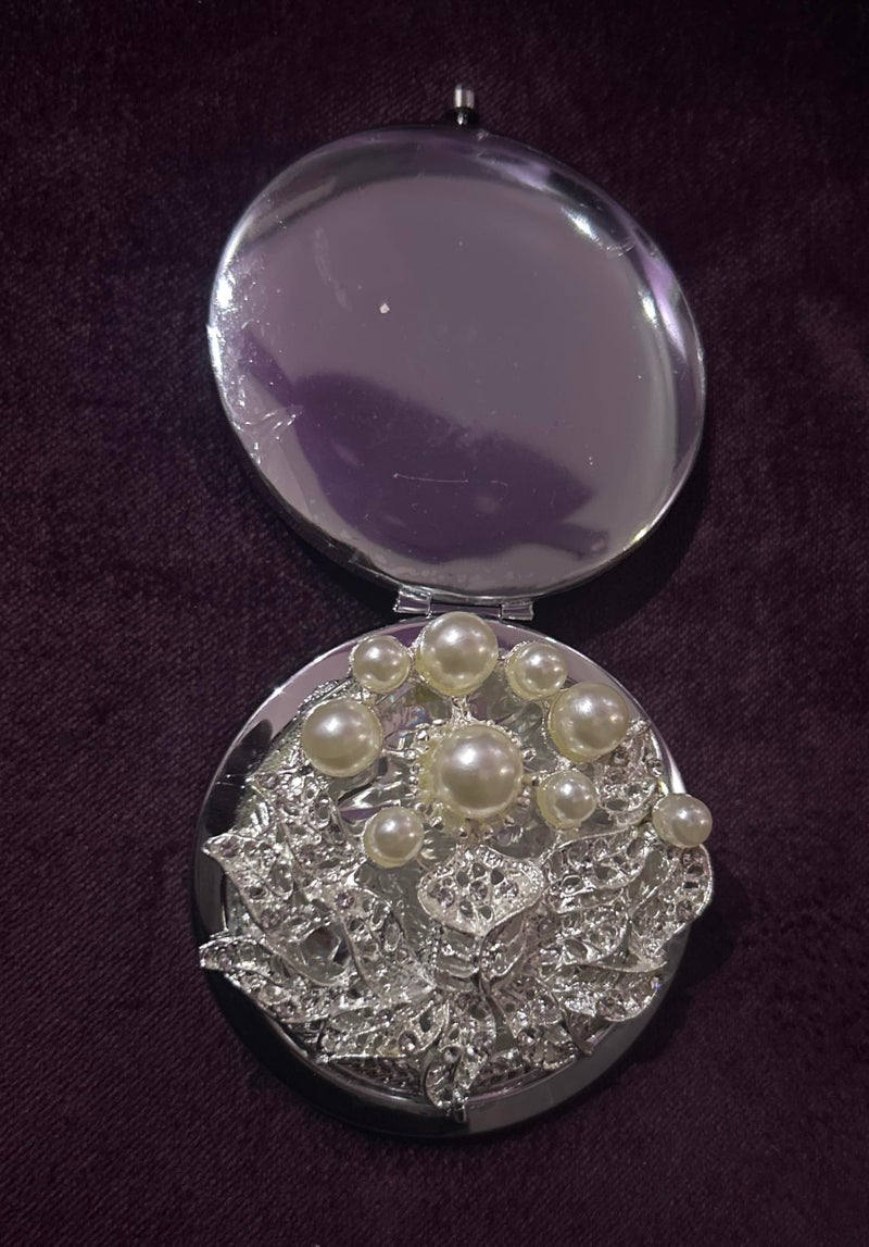 Silver Pocket Mirror with Faux Pearls, Metal Decorative Design, Round - Image 2