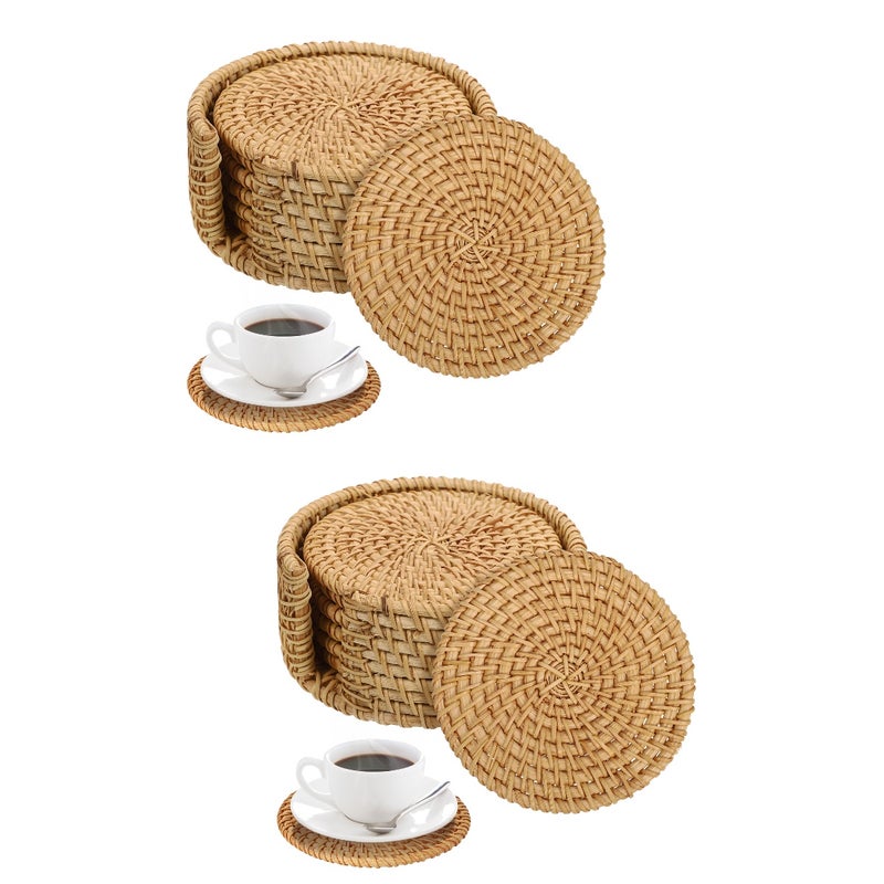 2 Sets Rattan Home Cup Boho Woven Coffee Table with Holder - Image 1