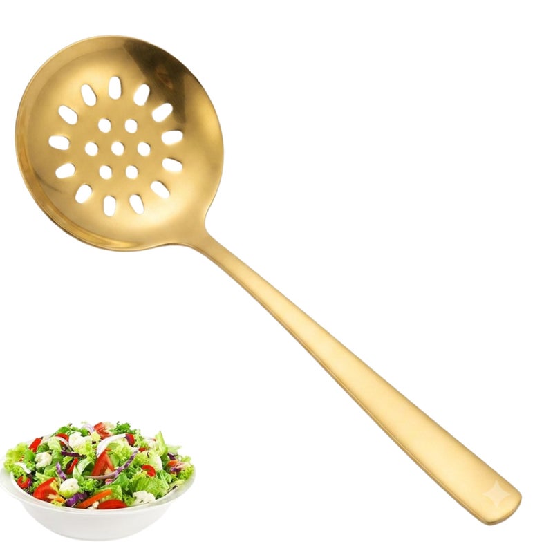 Stainless Steel Gold Skimmer Spoon | Premium Rust Proof Strainer Spoon for Frying, Poha, Pakoda, Poori & Deep Frying | Golden Finish Heavy Duty Kitchen Skimmer with Long Handle 25cm - Image 1
