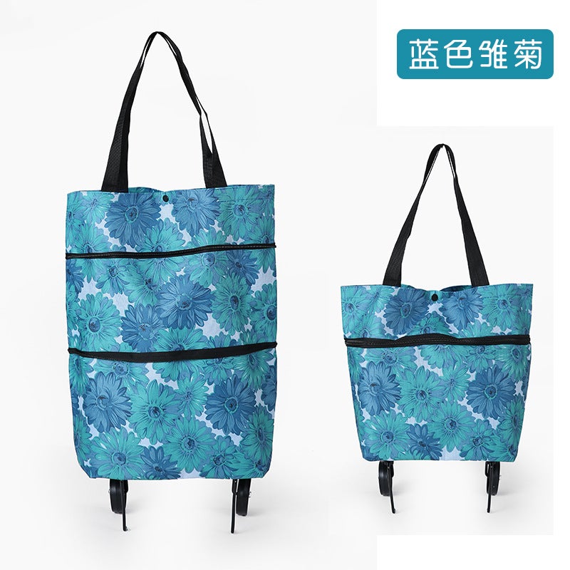 Foldable Trolley Shopping Cart with Handbag Blue chrysanthemum 
