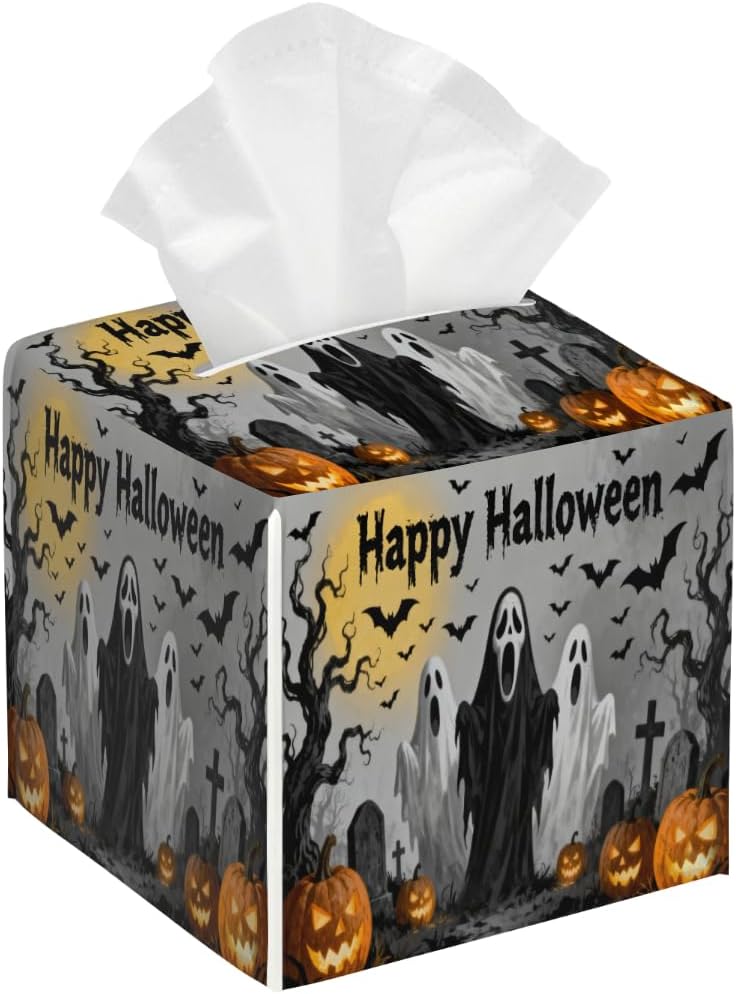 Halloween Ghost Scene PU Leather Square Tissue Box Cover - Colorful Decorative Holder for Car, Bathroom, Bedroom & Desk - Image 1