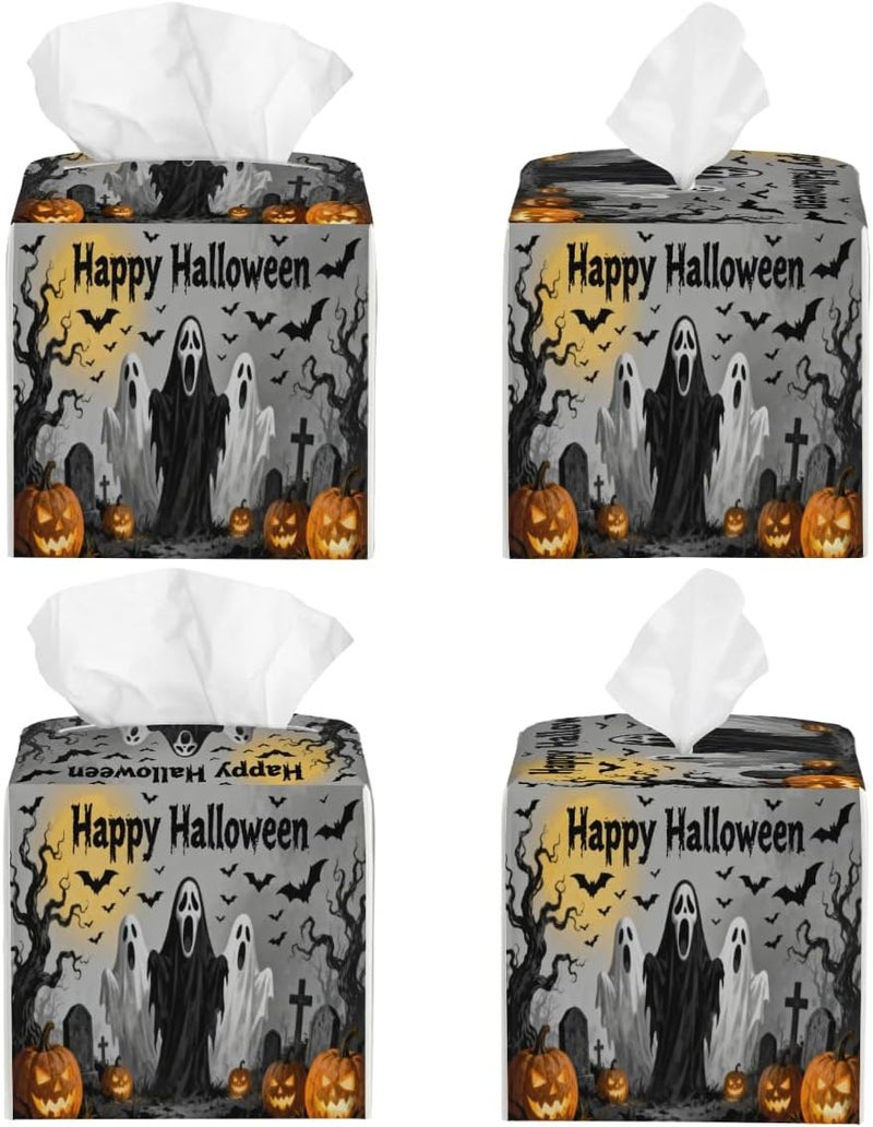 Halloween Ghost Scene PU Leather Square Tissue Box Cover - Colorful Decorative Holder for Car, Bathroom, Bedroom & Desk - Image 2