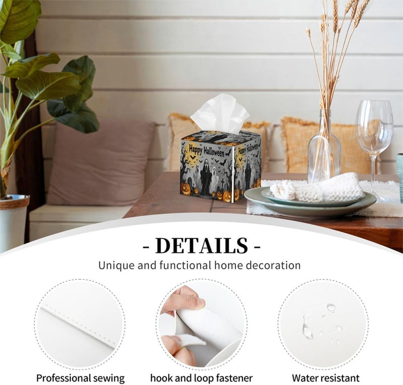 Halloween Ghost Scene PU Leather Square Tissue Box Cover - Colorful Decorative Holder for Car, Bathroom, Bedroom & Desk - Image 3