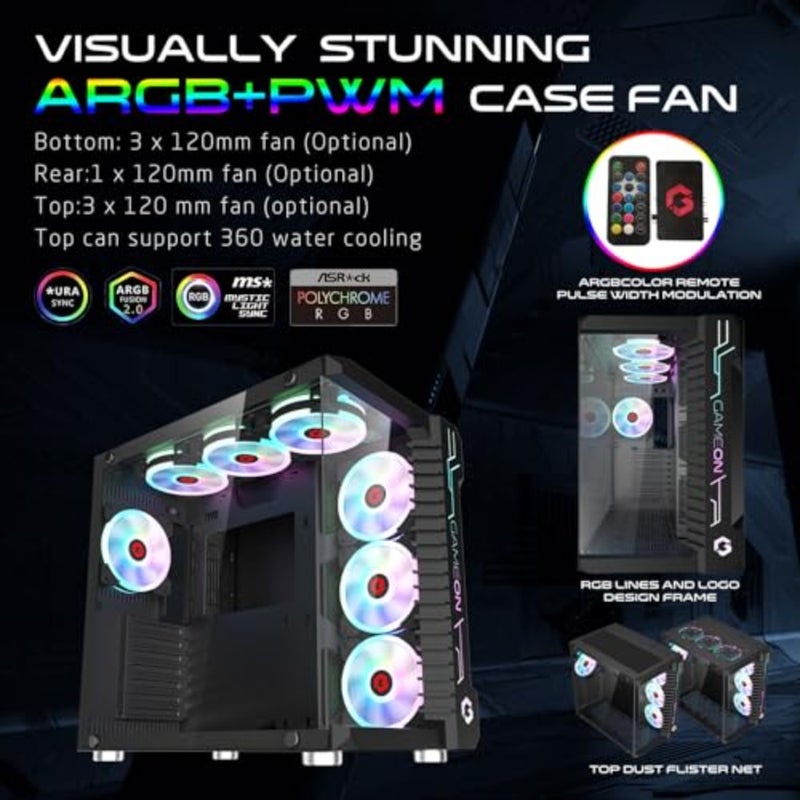 Emperor Midnight III Series Mid Tower PC Gaming Case, 120mm ARGB+PWM Lighting, Tempered Glass, Pre-installed RGB Cooling Fans Computer case, Dust Filters, Wide Motherboard Compatibility, Black - Image 4