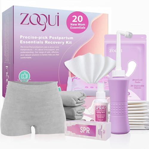 ZOQUI 20 Pcs Mom Postpartum Essentials Recovery Kit Hospital Bag Must Haves for New Mom Postpartum Pads Peri Bottle Cooling Spray Perineal Cooling Pad Liners Disposable Underwear HotCold PacksSet - Image 1
