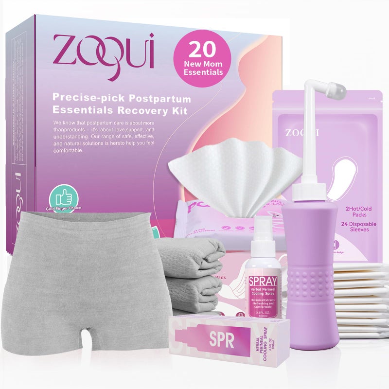 ZOQUI 20 Pcs Mom Postpartum Essentials Recovery Kit Hospital Bag Must Haves for New Mom Postpartum Pads Peri Bottle Cooling Spray Perineal Cooling Pad Liners Disposable Underwear HotCold PacksSet - Image 2