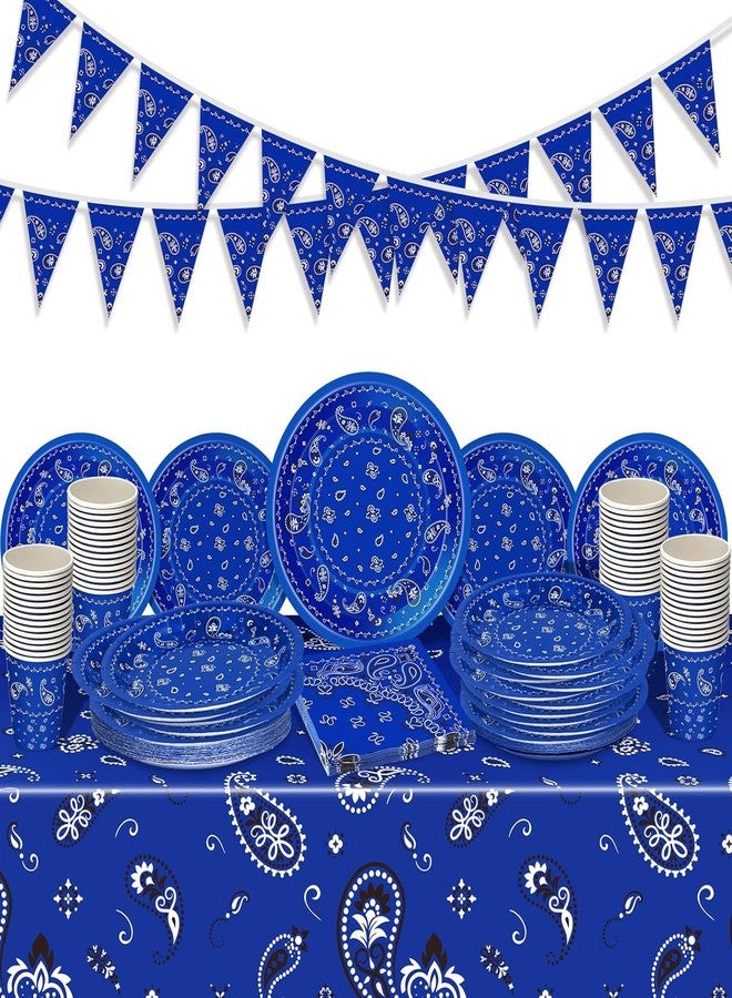 Tegeme 123 Pcs Western Cowboy Party Decoration Include 1 Plastic Paisley Print Tablecloth 2 Bandana Pennant Banner 60 Disposable Paper Plates 30 Cups and 30 Napkins for Western Cowboy Theme Party(Blue) - Image 1