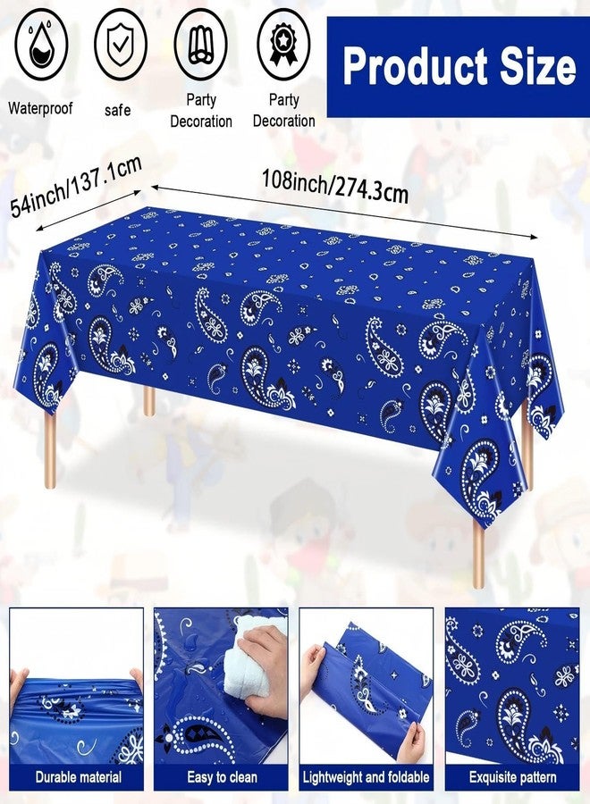 Tegeme 123 Pcs Western Cowboy Party Decoration Include 1 Plastic Paisley Print Tablecloth 2 Bandana Pennant Banner 60 Disposable Paper Plates 30 Cups and 30 Napkins for Western Cowboy Theme Party(Blue) - Image 2