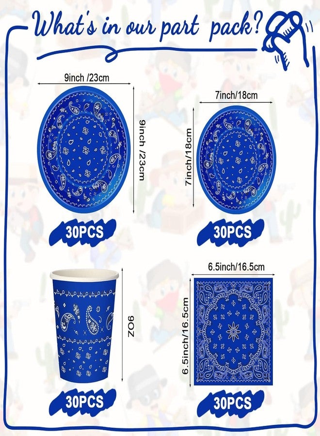 Tegeme 123 Pcs Western Cowboy Party Decoration Include 1 Plastic Paisley Print Tablecloth 2 Bandana Pennant Banner 60 Disposable Paper Plates 30 Cups and 30 Napkins for Western Cowboy Theme Party(Blue) - Image 3