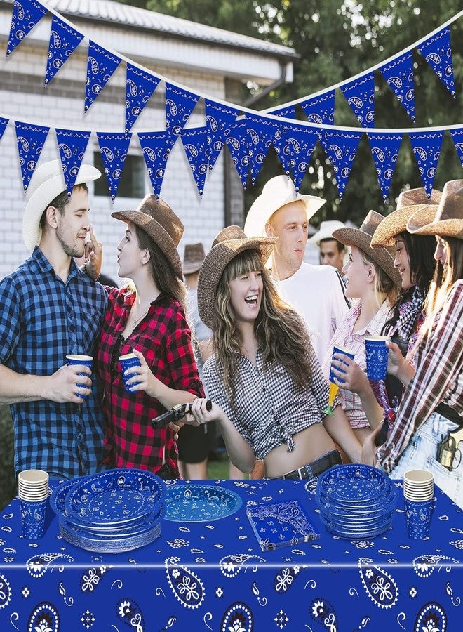 Tegeme 123 Pcs Western Cowboy Party Decoration Include 1 Plastic Paisley Print Tablecloth 2 Bandana Pennant Banner 60 Disposable Paper Plates 30 Cups and 30 Napkins for Western Cowboy Theme Party(Blue) - Image 5