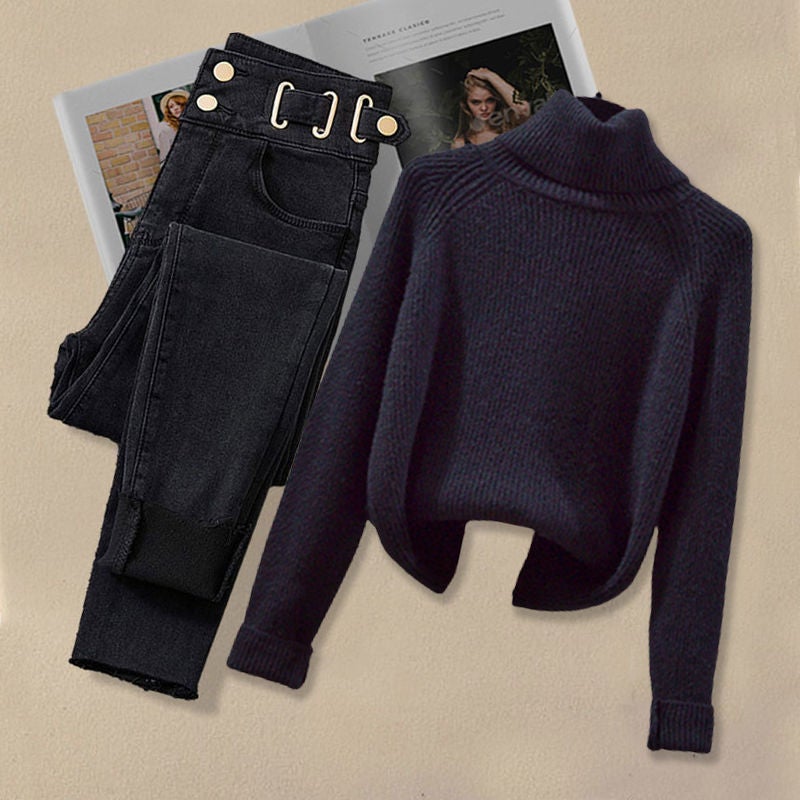 2024 Autumn Winter Plus Size Sweater Shirt Knit Pants Set 986#Black sweater [single piece]