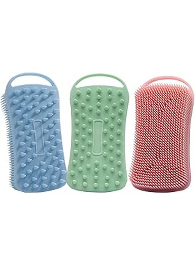 3pcs Square Silicone Exfoliating Body Scrubber Set Dual Sided Bath Brush With Massage Bristles In Pink Blue Green - Image 1