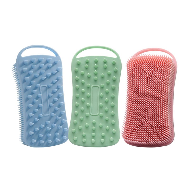 3pcs Square Silicone Exfoliating Body Scrubber Set Dual Sided Bath Brush With Massage Bristles In Pink Blue Green - Image 2
