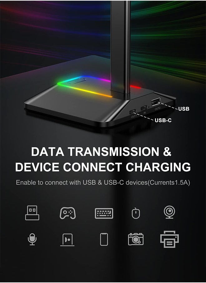 New Bee - RGB Headphone Stand with 1 USB-C Charging Port and 1 USB Charging Port Desk Gaming Headset Holder with 7 Light Modes and Non-Slip Rubber Base Suitable for All Earphone Accessories Black - Image 1