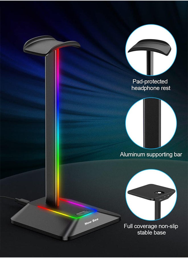 New Bee - RGB Headphone Stand with 1 USB-C Charging Port and 1 USB Charging Port Desk Gaming Headset Holder with 7 Light Modes and Non-Slip Rubber Base Suitable for All Earphone Accessories Black - Image 1