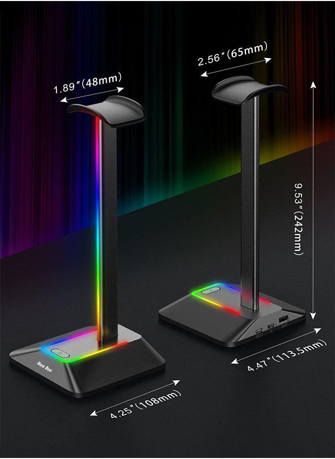 New Bee - RGB Headphone Stand with 1 USB-C Charging Port and 1 USB Charging Port Desk Gaming Headset Holder with 7 Light Modes and Non-Slip Rubber Base Suitable for All Earphone Accessories Black - Image 1