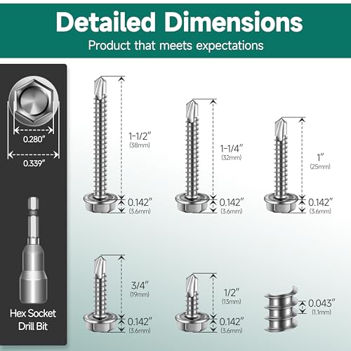 EASTPUK 110Pcs #8 Self Tapping Screws for Metal, 410 Stainless Steel Hex Head Sheet Metal Screws, 1/2" 3/4" 1" 1-1/4" 1-1/2" Self Drilling Screw with Drill Bit - Image 2