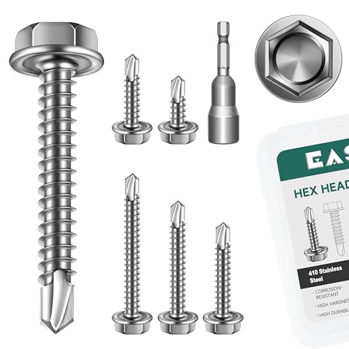 EASTPUK 110Pcs #8 Self Tapping Screws for Metal, 410 Stainless Steel Hex Head Sheet Metal Screws, 1/2" 3/4" 1" 1-1/4" 1-1/2" Self Drilling Screw with Drill Bit - Image 1