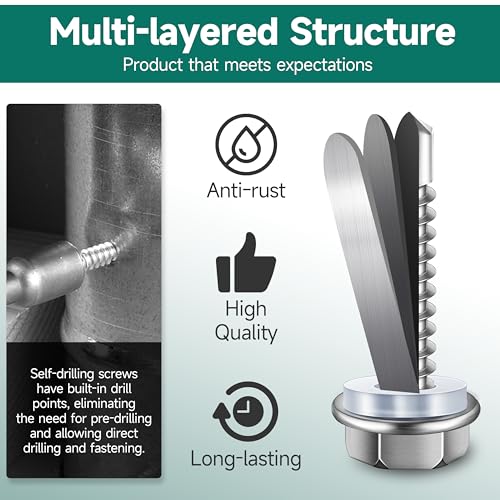 EASTPUK 110Pcs #8 Self Tapping Screws for Metal, 410 Stainless Steel Hex Head Sheet Metal Screws, 1/2" 3/4" 1" 1-1/4" 1-1/2" Self Drilling Screw with Drill Bit - Image 3