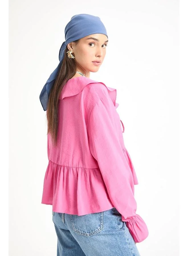 mina aise Pink %100 Modal Frill-Detail Front-Tied Blouse 29255.
