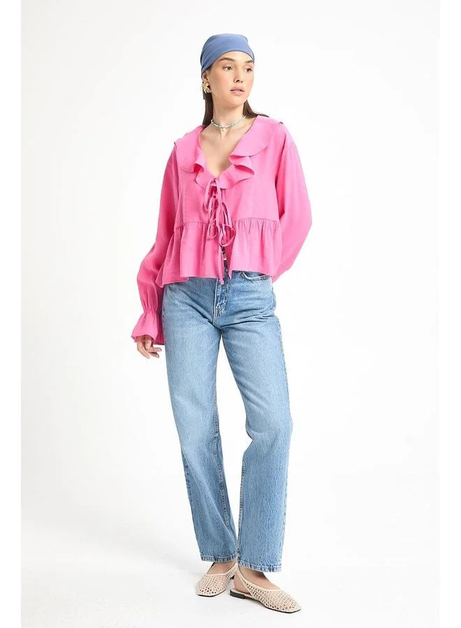 mina aise Pink %100 Modal Frill-Detail Front-Tied Blouse 29255.
