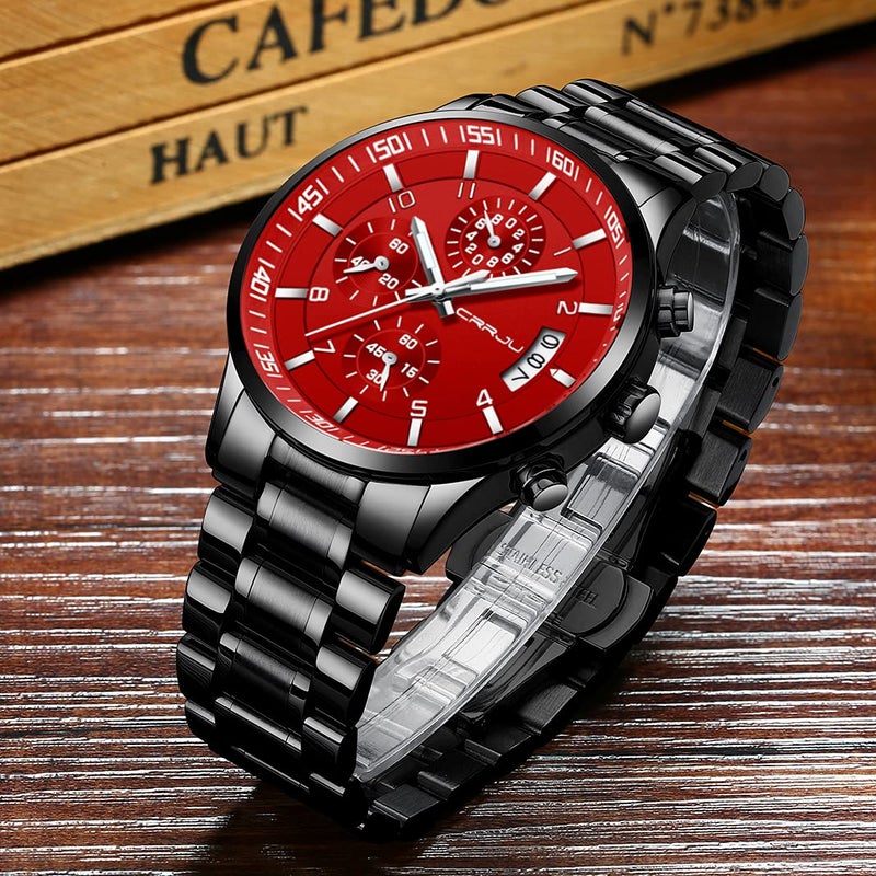 CRRJU Watches Men's Fashion Luxury Stainless Steel Watches Date Waterproof Chronograph Wristwatches,Casual Business Japan Movement QuartzWatch(Black red) - Image 4