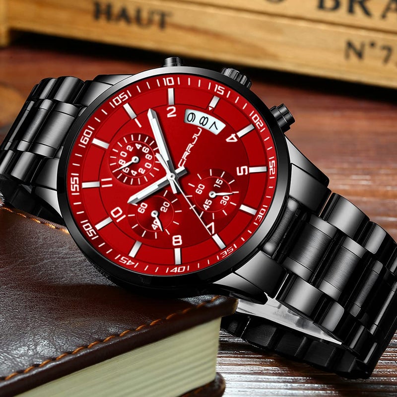 CRRJU Watches Men's Fashion Luxury Stainless Steel Watches Date Waterproof Chronograph Wristwatches,Casual Business Japan Movement QuartzWatch(Black red) - Image 3