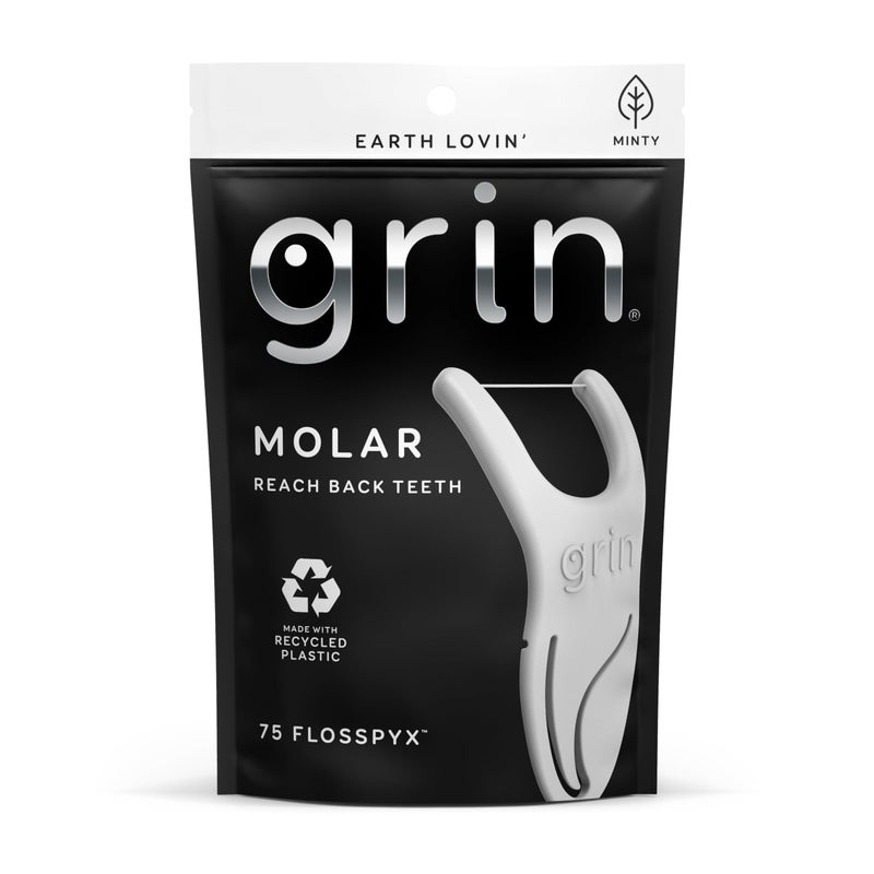 GRIN Molar Flosspyx Floss Picks 75 Count Dental Flossers Minty Flavor Recycled Plastic Great for Reaching Back Teeth Slide Easily Between Teeth Includes Safe Soft FoldBack Tooth Pick