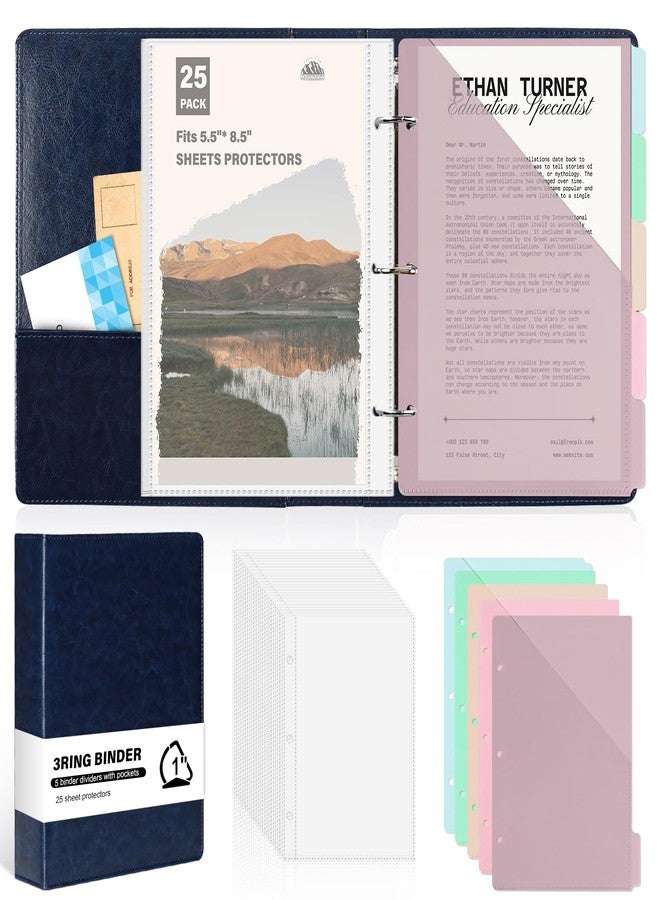 WANGDEFA （Half Size）Pu Leather Mini 3 Ring Binder with 5-Tabs Pocket Dividers & 25 Sheet Protectors 5.5 x 8.5 Professional Organizer Cute Organizer Binders 1" D Rings for Small Binder Paper School Office(Blue) - Image 1