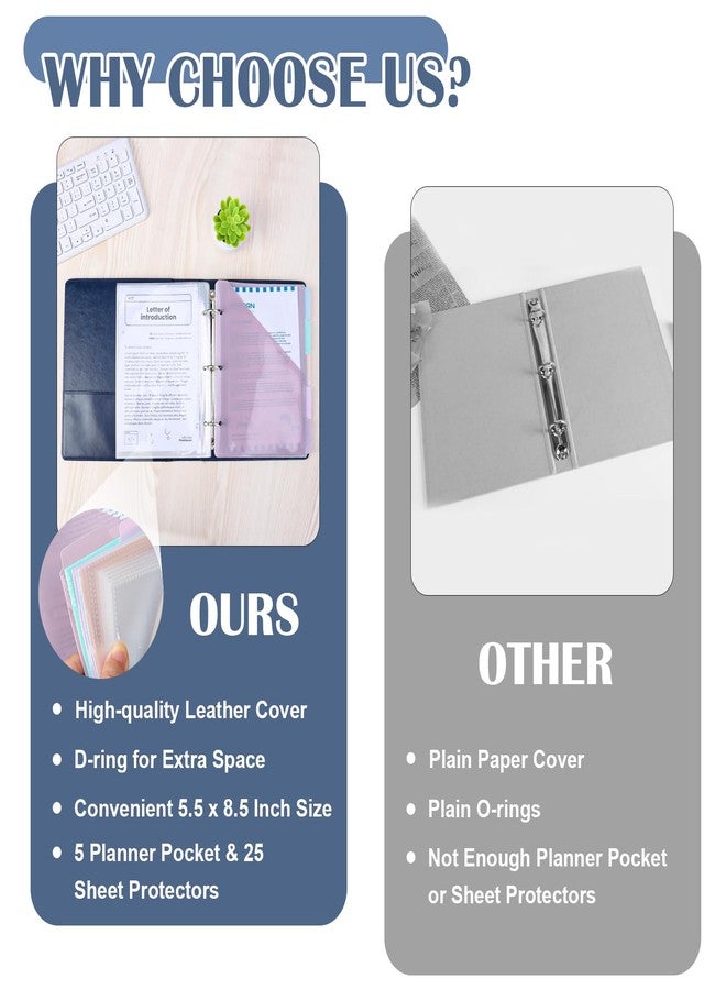 WANGDEFA （Half Size）Pu Leather Mini 3 Ring Binder with 5-Tabs Pocket Dividers & 25 Sheet Protectors 5.5 x 8.5 Professional Organizer Cute Organizer Binders 1" D Rings for Small Binder Paper School Office(Blue) - Image 4
