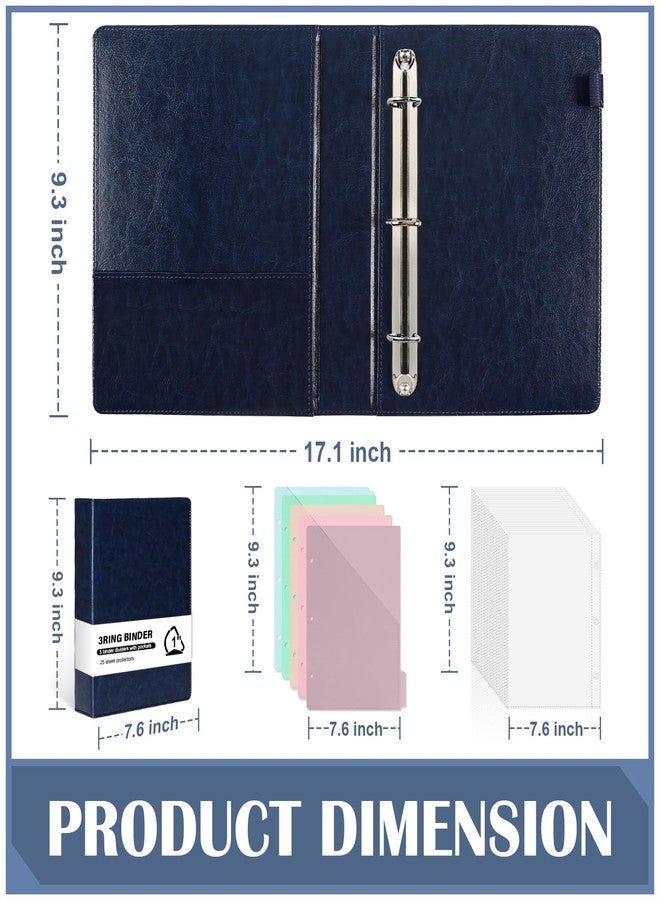 WANGDEFA （Half Size）Pu Leather Mini 3 Ring Binder with 5-Tabs Pocket Dividers & 25 Sheet Protectors 5.5 x 8.5 Professional Organizer Cute Organizer Binders 1" D Rings for Small Binder Paper School Office(Blue) - Image 2