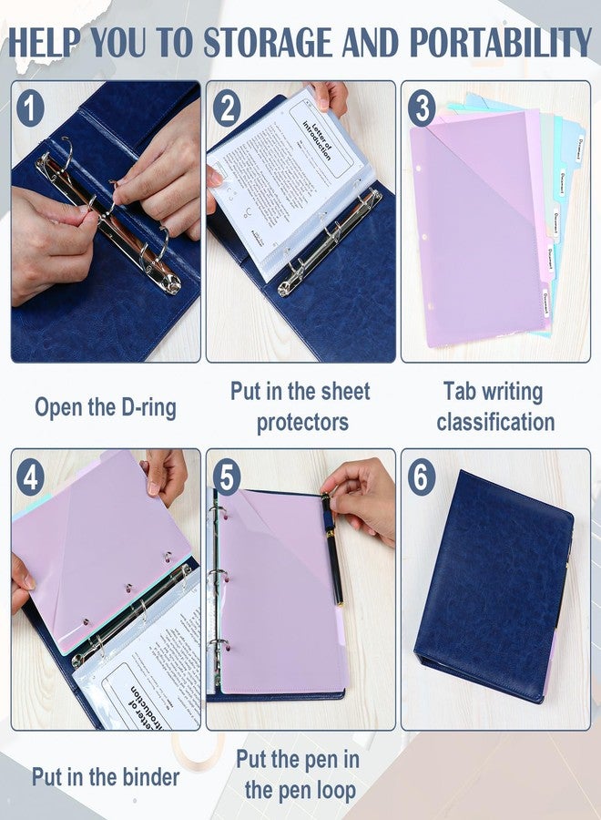 WANGDEFA （Half Size）Pu Leather Mini 3 Ring Binder with 5-Tabs Pocket Dividers & 25 Sheet Protectors 5.5 x 8.5 Professional Organizer Cute Organizer Binders 1" D Rings for Small Binder Paper School Office(Blue) - Image 5