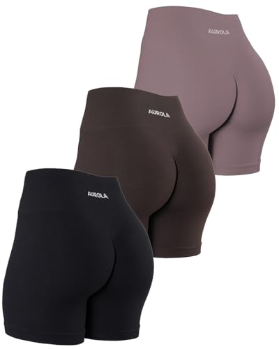 AUROLA Power Workout Shorts for Women 3 Pieces Pack Set,Pack(Black/Chocolate Torte/Mocha),M - Image 1