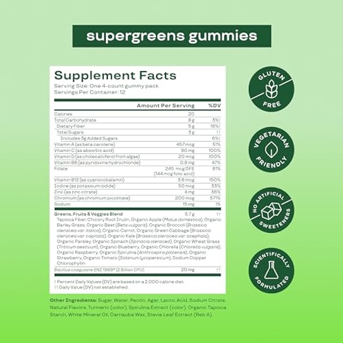 Bloom Nutrition Bloom Super Greens Gummies, Daily Greens Superfood Fiber Gummies with Fruits, Vegetables, Vitamins & Minerals for Digestive & Gut Health, Bloating Support, Strawberry Kiwi, 12 Servings (48 Total) - Image 4