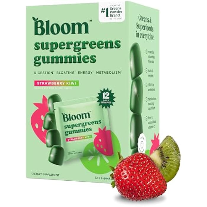 Bloom Nutrition Bloom Super Greens Gummies, Daily Greens Superfood Fiber Gummies with Fruits, Vegetables, Vitamins & Minerals for Digestive & Gut Health, Bloating Support, Strawberry Kiwi, 12 Servings (48 Total) - Image 1